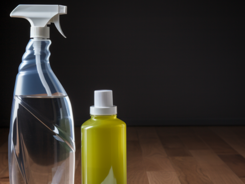 bottle of cleaning solution next to hardwood floors