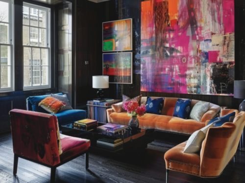 living room with dark wood flooring and bold artwork