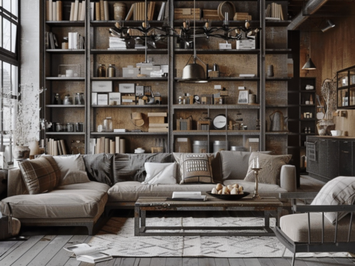Living room with grey wood flooring