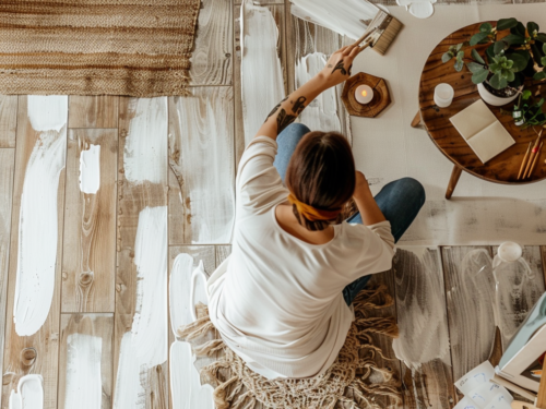 Person painting wood floors white