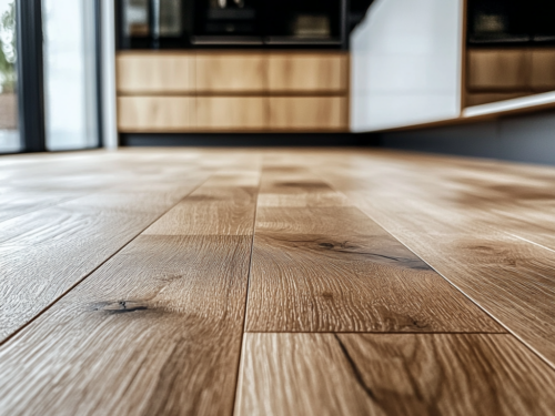Up close shot of hardwood flooring in a kitchen