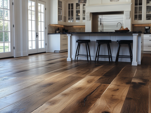 Wide plank flooring in a kitchen