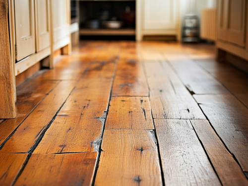 Close shot of hardwood floor with gaps and buckling