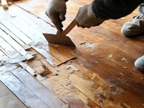 Person removing water-damaged wood flooring