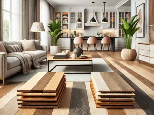 Samples of wood flooring laid out in a living room