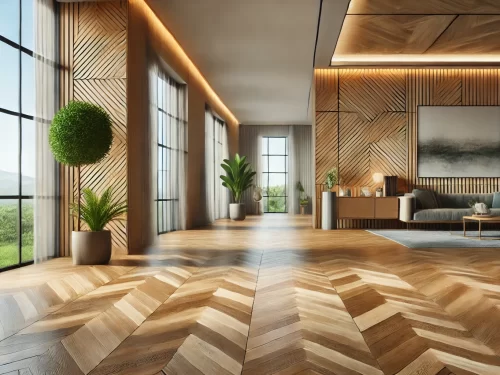 herringbone pattern light wood flooring