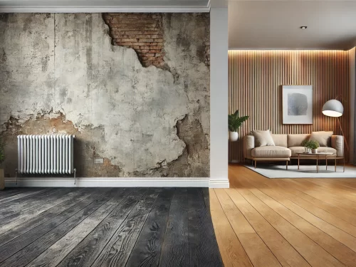 Before and after old and new flooring.