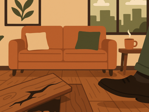 Illustration of a cozy living room with cracked wooden flooring, showing a clear sign it's time to replace your floor.