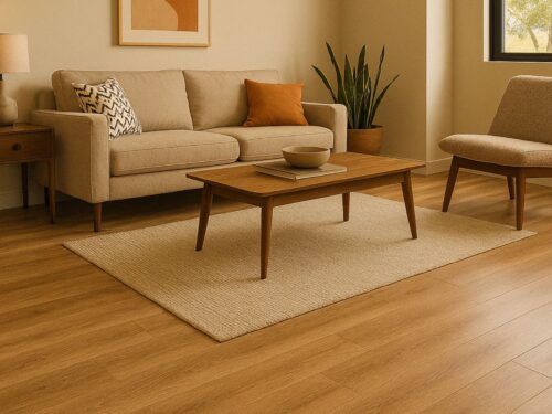 Photograph of a modern living room with laminate wood flooring, beige furniture, and warm natural light highlighting the flooring’s texture.