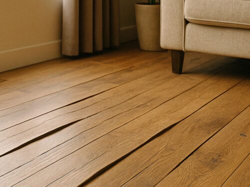 Photo of hardwood flooring affected by humidity, showing cupping and gapping near a window in a naturally lit modern living space.