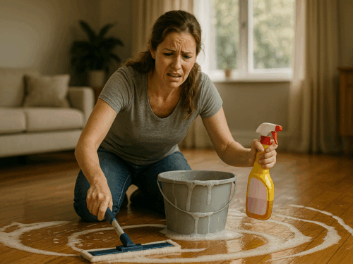 Women cleaning hardwood flooring incorrectly