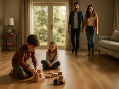 A young family with two children playing in a sunlit living room with warm hardwood floors.