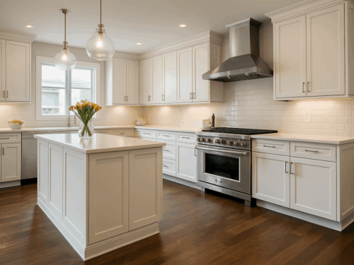 A modern kitchen with white shaker cabinets and dark hardwood floors.