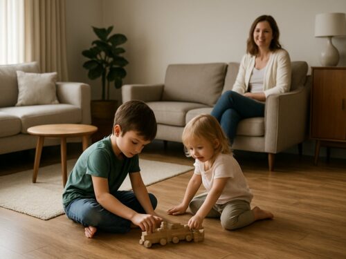 Two young children play on warm wood-look flooring in a cozy living room while their mother watches from a nearby armchair.