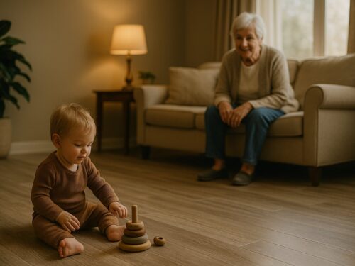 A toddler plays on slip-resistant wood-look flooring while an elderly woman watches from a nearby sofa in a softly lit living room.