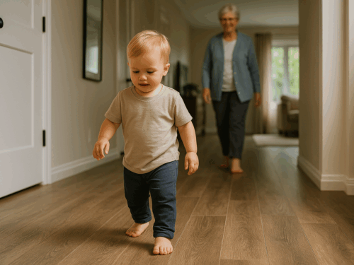 A toddler walks barefoot on textured wood-look flooring while his grandmother follows behind in a bright, cozy hallway.