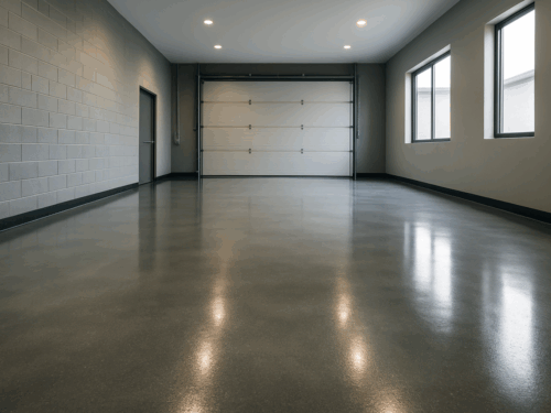 glossy epoxy flooring in a gray or metallic finish