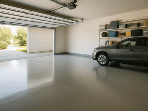 A bright residential garage with clean, glossy epoxy flooring