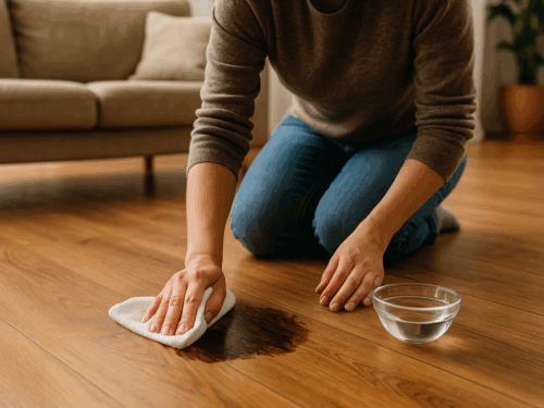 dark stain being gently cleaned with a white cloth and small bowl of peroxide
